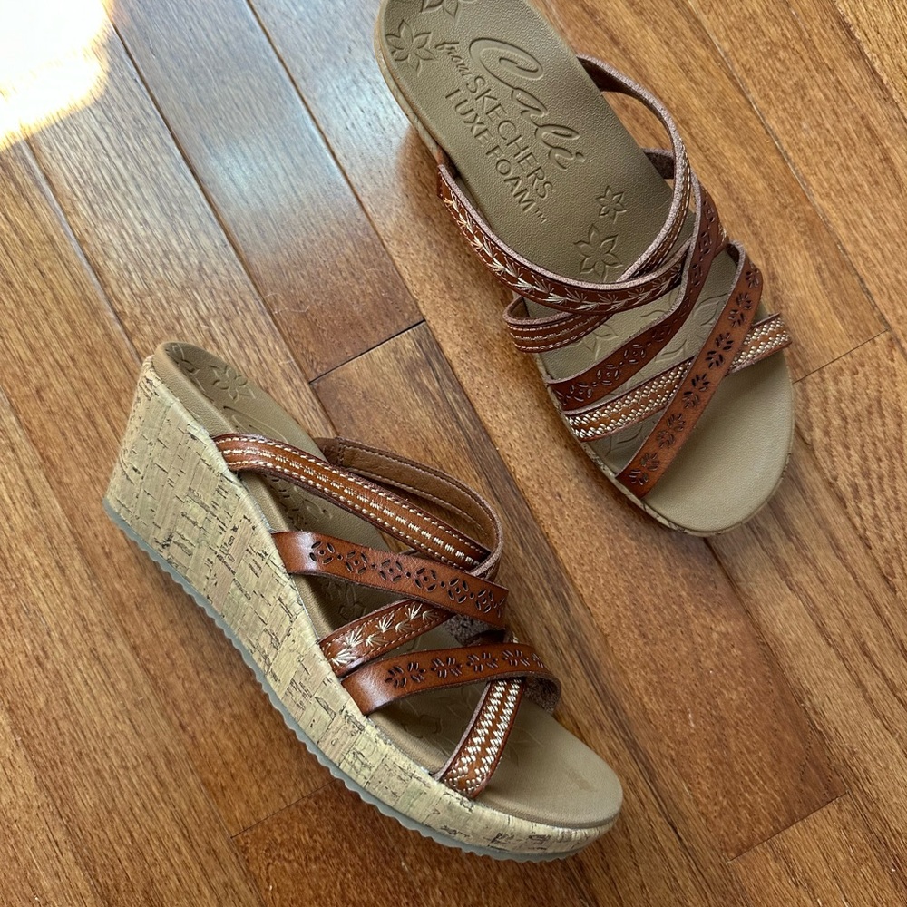 Skechers Cali Beverlee Brown Tan Wedge Sandals with Vegan Leather Straps, size 7